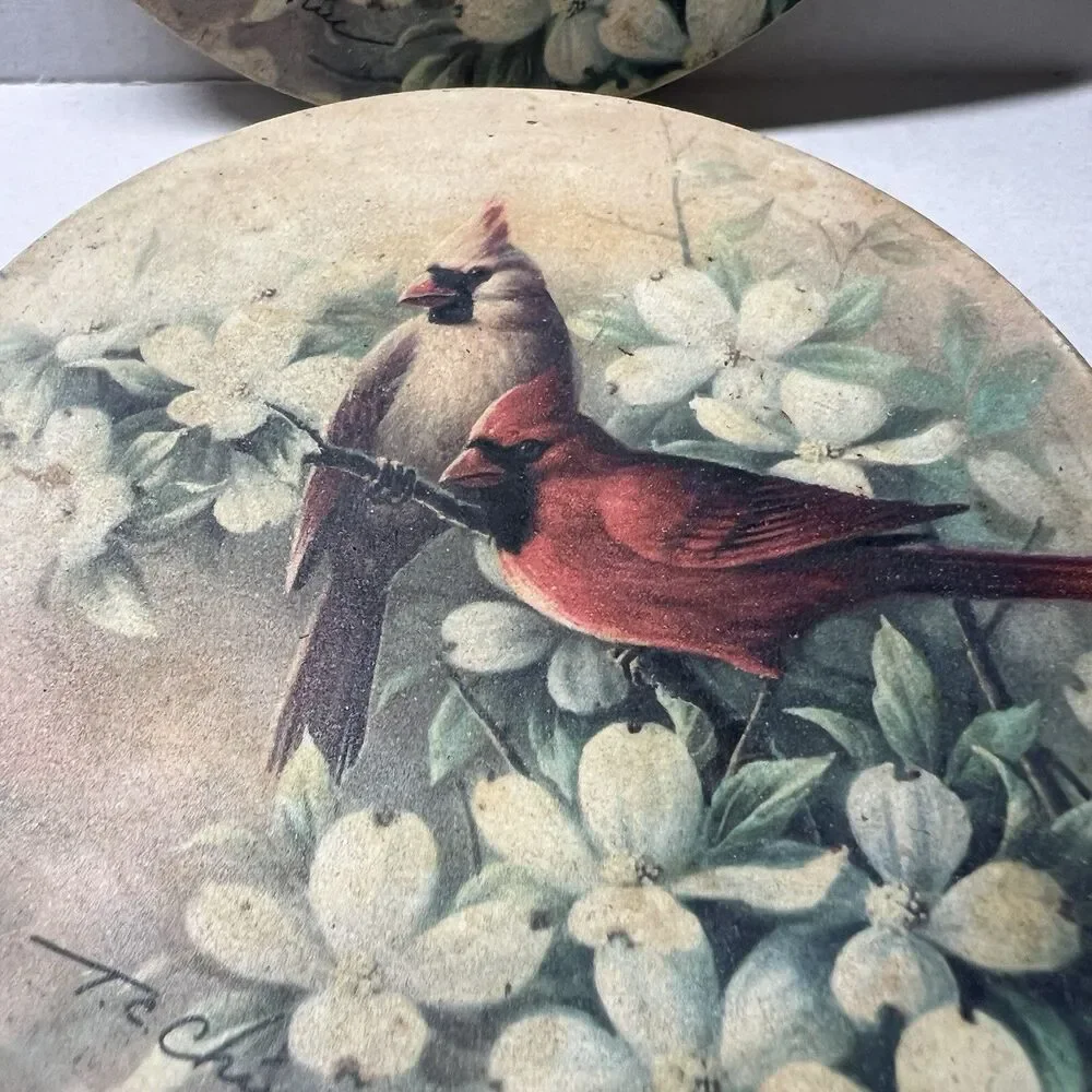 Vintage T.C. Chiu Red Cardinal Bird Coaster Set with Wooden Storage Holder MCM
